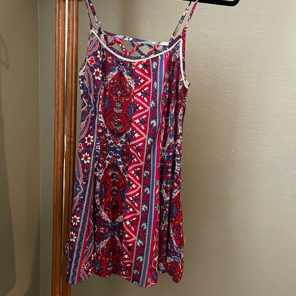 Red and blue summer mini dress from Anthropologie made by Raga
